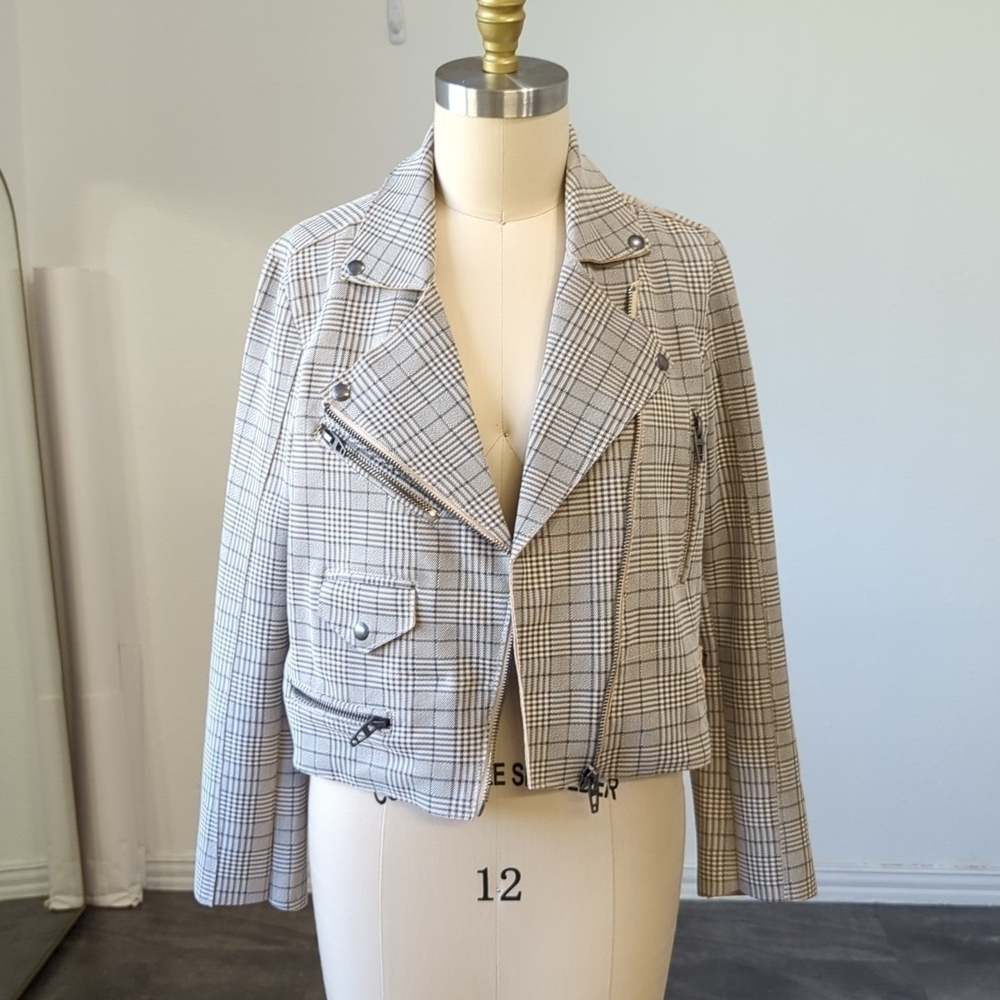 Blank NYC Plaid Double Breasted Moto Jacket Cream Gray M fall streetwear casual